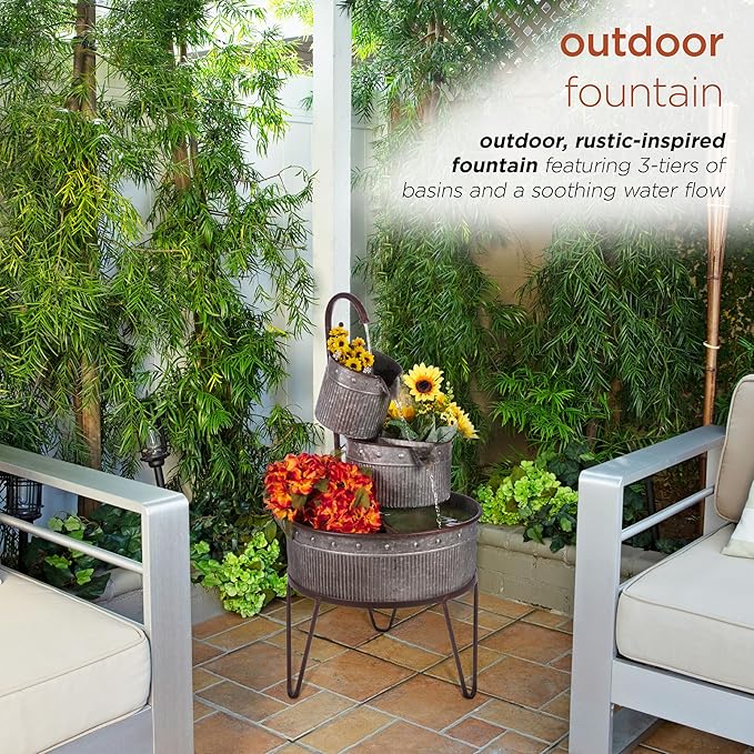 Alpine Corporation YHL684 33" Outdoor Floor 3-Tier Vintage Tubs and Planters Fountain, Rustic Metal Cascading Waterfall Feature for Gardens, Patios, and Yards, Silver