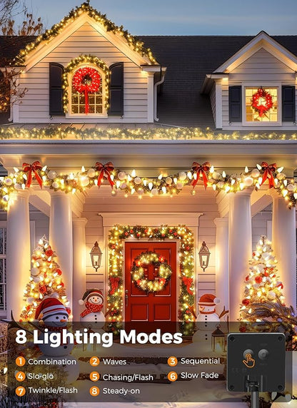 Solar Christmas Lights Outdoor, 2 Pack 50 LED C9 Strawberry String Light with Timer & 8 Light Mode, Waterproof Solar Christmas Tree Lights for Outside Garden Patio Party Christmas Decor, Warm White