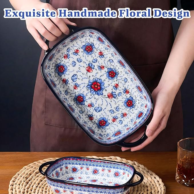 Ceramic Casserole Dishes for Oven, Hand-painted Polish Pottery Baking Dish Set of 2, 0.8QT / 2QT Porcelain Casserole Dishes with Handles, Baking Pan Lasagna Pan, Gift for Family/Friend (Blue)