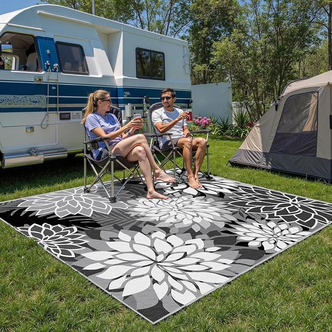 4x6 Outdoor Area Rug Washable Multicolored Patio Rug Tropical Botanical Floral Chenille Waterproof Outdoor Carpet for Living Room, Deck, Backyard, Porch, Black