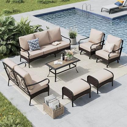 MFSTUDIO 7 PCS Outdoor Patio Furniture Set, Metal Outdoor Conversation Set, Rattan Wicker Patio Sectional with 2 x Rocking Single Sofa, 2 and 3-Seat Sofa, 2 x Ottoman, 1 x Coffee Table, Beige