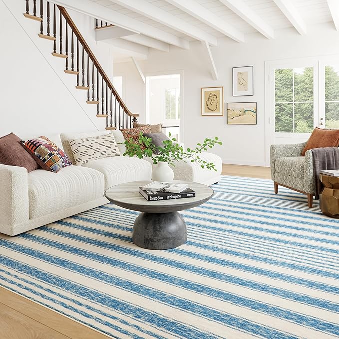 Dash & Albert Vion Blue Machine Washable Rug, 7.5 X 9.5 Feet, Blue/Grey Stripe Pattern
