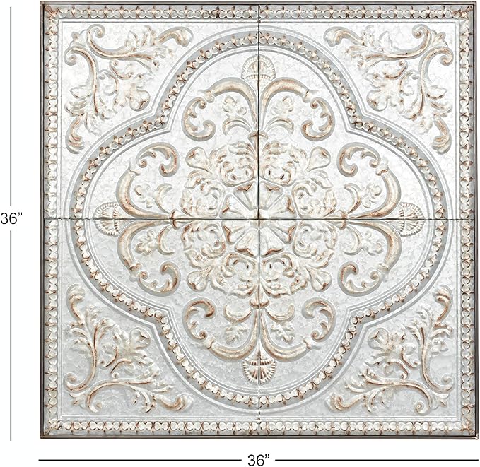 Deco 79 Metal Scroll Home Wall Decor Wall Sculpture with Embossed Details, Wall Art 36" x 2" x 36", Gray