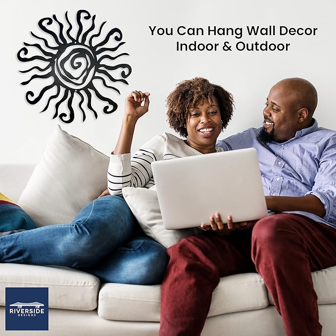 Riverside Designs Wacky Sun Metal Wall Art Indoor/Outdoor Decor - 12" Black Rust Proof Wall Sculpture - Made in USA - Ideal for Bedroom, Garden, Home, Patio and Farmhouse