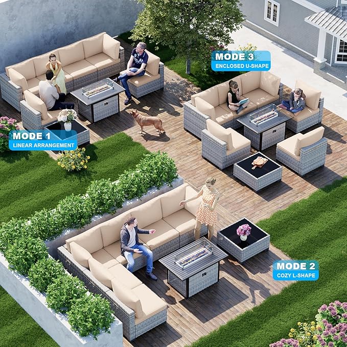 8-Piece Modern Patio Conversation Set with 55,000 BTU Fire Pit Table, Thick Cushions, Dual-Strand Wicker Rattan, Rust-Resistant Frame, Khaki