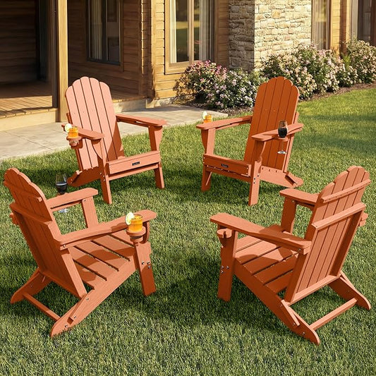 Adirondack Chairs Set of 4, Foldable Adirondack Chairs with 2 Cup Holder, Wood Texture HDPE Fire Pit Chairs, Outdoor Lawn Chair for Patio Garden, Orange