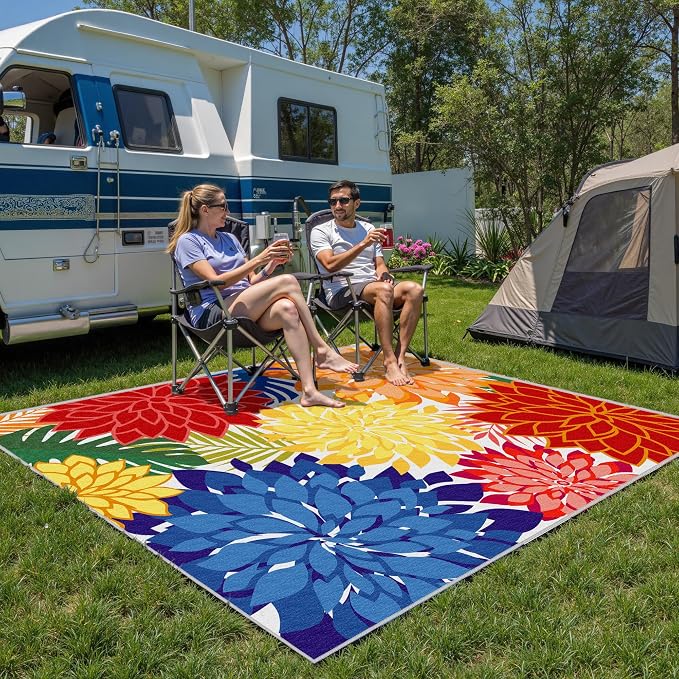 Outdoor Area Rug Washable Multicolored Patio Rug Tropical Botanical Modern Floral Outdoor Carpet Non-Slip for Patio, Deck, Backyard, Porch (8x10)