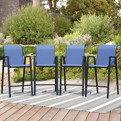 Outdoor Bar Stools Set of 4, 44'' Patio Bar Chairs with Textile High Back, Bar Height Chairs with Straight Armrest and Footrest, Blue