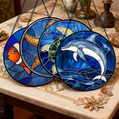 Stained Glass Window Hanging 4 Pcs Set Blue Ocean Turtle Dolphin 9.8" - Marine Life Suncatcher Garden Sun Catcher Decor Birthday Mother's Day for Mom Woman Nana Men