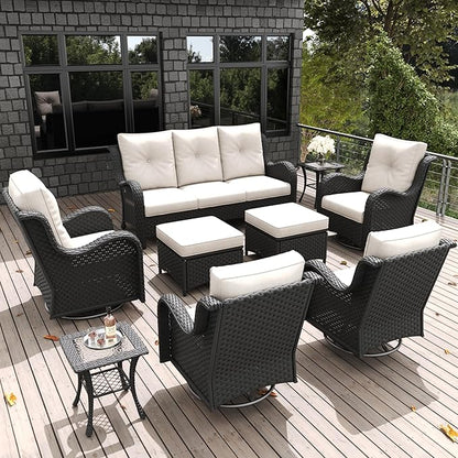 LayinSun 9 Pieces Outdoor Patio Furniture Set, Rattan Wicker Sectional Swivel Rocker Chairs Sets with Ottomans, Swivel Glider Chairs and Coffee Table