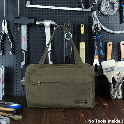 16OZ Waxed Canvas Tool Storage Bag, Heavy Duty Hand Tools Organizer with Hidden Zipper Pocket & 4 Internal Slots & Carrying Handle | Army Green | Multi-Purpose Tool Bag for Mechanic Electrics - S