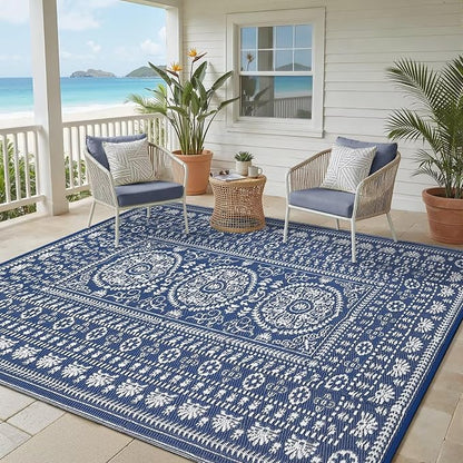 Garvee Reversible Outdoor Rug 6x9 for Patio, Waterproof Outdoor Area Rug, Modern Medallion Indoor Outdoor Rugs, Plastic Straw Rug for RV, Camping, Deck, Vintage Navy