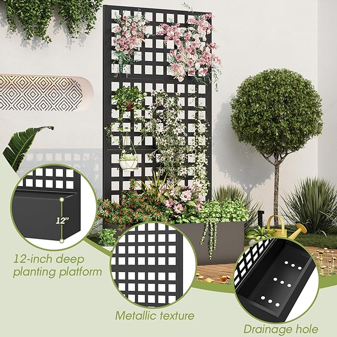 Metal Planter Box with Trellis, 71"x 35"x 16" Raised Garden Bed with Trellis, Planter Box Trellis with Privacy Screen and Drainage Holes, Black
