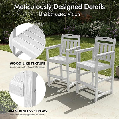 Ciokea Oversized Tall Bar Chairs Set of 2, HDPE Adirondack Outdoor Bar Chairs with Footrest, All-Weather Barstools with High Back for Balcony, Bistro, Porch, Deck, Pool, Backyard, White