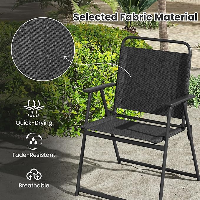 Tangkula Outdoor Folding Chairs Set of 2, Patio Dining Chairs with Breathable Fabric Seat & Cozy Armrests, Heavy-Duty Metal Frame, Portable Lawn Chairs for Backyard, Porch, Camping (2, Black)