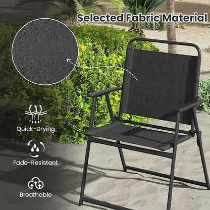 Tangkula Outdoor Folding Chairs Set of 2, Patio Dining Chairs with Breathable Fabric Seat & Cozy Armrests, Heavy-Duty Metal Frame, Portable Lawn Chairs for Backyard, Porch, Camping (2, Black)