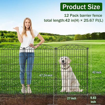 12 Panel No Dig Decorative Garden Fence with Gate - 42in H x 25.67 ft L, Tall Animal Barrier for Dogs Rabbits, Rustproof Metal Wire Panels for Yard, Patio, and Outdoor Border Use