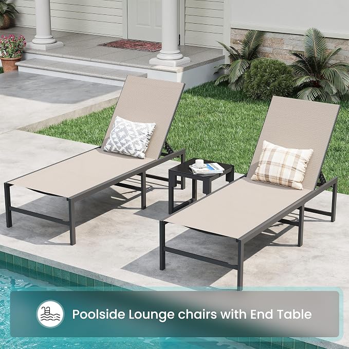 Amopatio Outdoor Lounge Chairs Poolside Chaise Lounge for Patio | Weather Resistant Rust Free Frame Breathable Textilene 5-Position Adjustable Backrest 400 LBS Capacity