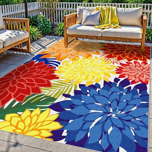 Colorful 4x6 Outdoor Area Rug Washable Rugs Multicolored Patio Rug Tropical Botanical Floral Chenille Outdoor Carpet Non Slip for RV, Pool Deck, Backyard, Porch, Rainbow