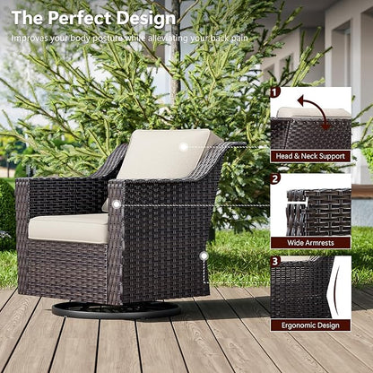 3 Pieces Wicker Patio Furniture, Luxury Outdoor Rattan Furniture with 2 Patio Swivel Chair,Side Table, Wide Armrest, Thickened Cushions, Ideal for Deck, Porch Use