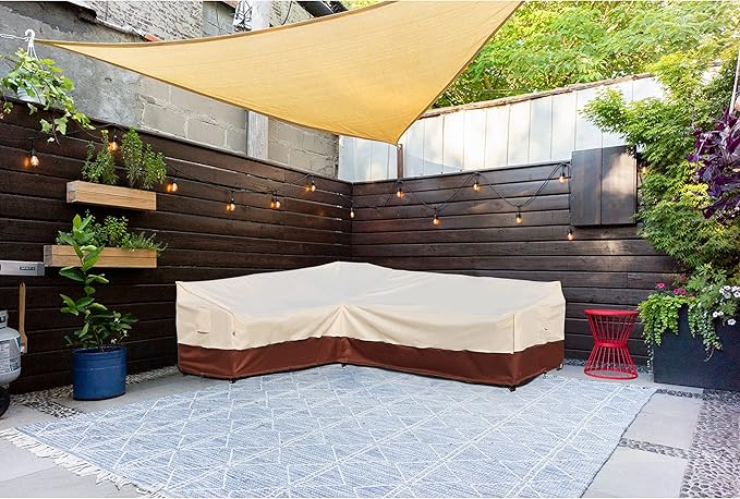 Outdoor Patio Furniture Covers, Waterproof Rip-Stop Anti-UV 600D Heavy Duty Outdoor Couch Cover with 3 Air Vent, L-Shaped-Left Facing-58''X85'', Beige & Reddish Brown