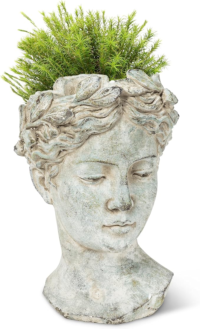Abbott Collection Goddess Head Planter – Large Cement Indoor and Outdoor Planter Pot – Grecian Woman Statue Head Planter for Flowers and Succulents (Grey, 10" Tall, 4.5" Opening)