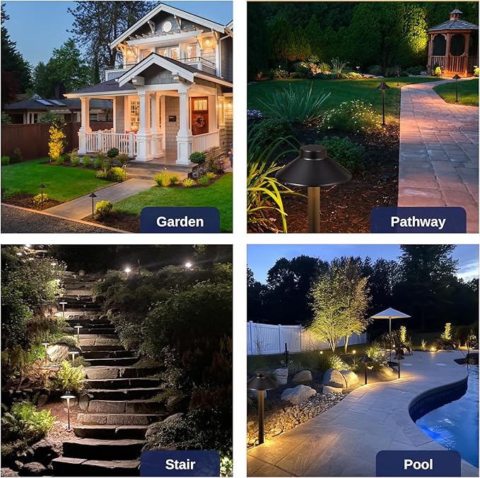 Gardenreet Low Voltage Landscape Path Light, Solid Brass Pathway Light IP65 Waterproof, Hat Shaped 12V Wired, Black LED for Walkway Garden with 3W 270LM 5000K Daylight G4 Bulb (12 Pack)