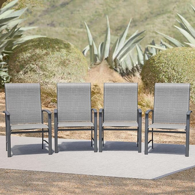 Patio Dining Chairs Set of 4, Outdoor Dining Chairs with High Back, Metal Outdoor Chair Set with Comfort and Durability, Patio Chair for Deck Lawn Kitchen Garden Backyard, Grey