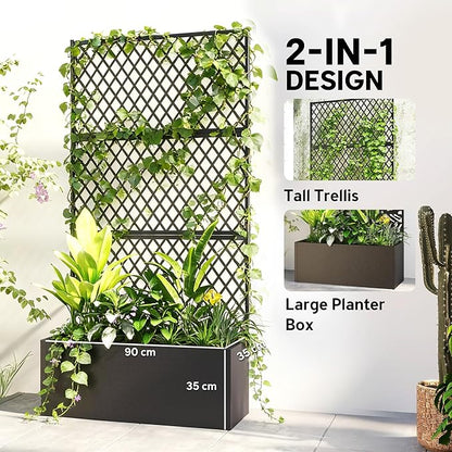 Outsunny Metal Planter Box with Trellis, Raised Garden Bed with Trellis Privacy Screen and Drainage Holes for Climbing Plants, Diamond Lattice Privacy Planter for Garden, Patio, Balcony