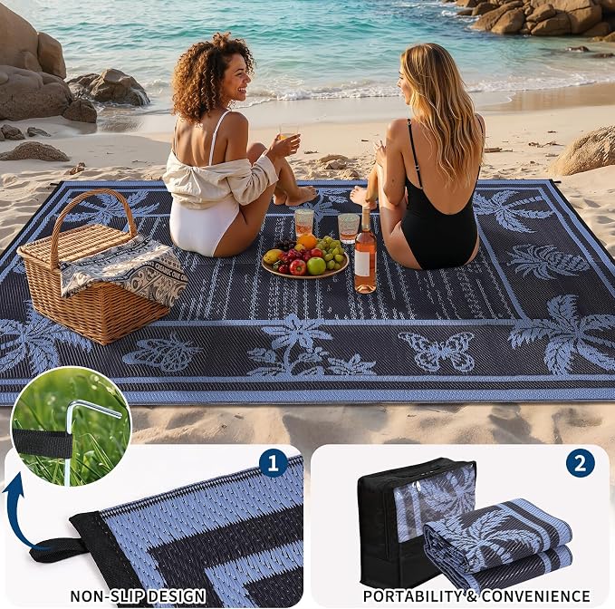 Garvee Outdoor Rug 8x10 Waterproof for Patios, Reversible Plastic Straw Rug, Tropical Leaf Indoor Outdoor Rugs, Large Area Rug for RV, Camping, Deck, Picnic Mat, Outside Carpet