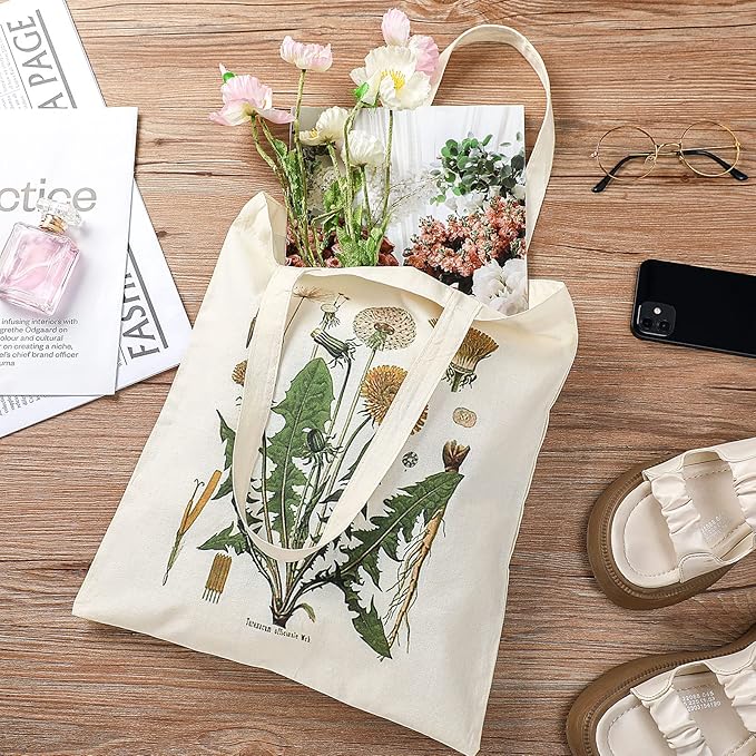 4 Pieces Floral Canvas Tote Bag for Women Book Club Gifts Cute Aesthetic Canvas Bags Bulk Flower Reusable Grocery Shopping Bag Aesthetic for Women