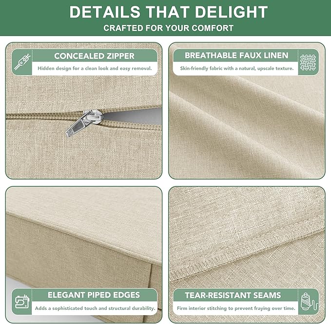 Summsun Patio Chair Cushions 22 x 22 Inch, Faux Linen Outdoor Furniture Cushions, Water Resistant Backrest and Deep Seat Cushion Set with Straps, Removable Cover, Non-Slip Bottom, Beige