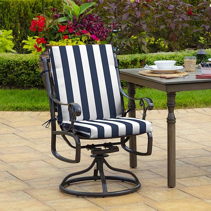 Arden Outdoor Patio Dining Chair Cushion, 20x44, Rain-Proof Seat Pad, Fade-Resistant Outdoor Cushion Sapphire Blue Cabana Stripe