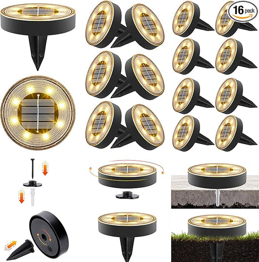 Joomer 16 Pack Solar Ground Lights, 2-in-1 Solar Lights Outdoor Waterproof Solar Powered Disc Light Landscape Garden Lighting Light for Patio Pathway Lawn Yard Driveway Walkway Deck Step(Warm White)