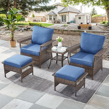 Patio Furniture Set - 2 Wicker Chairs with 2 Rattan Ottomans, 1 Wicker Side Table, Brown & Blue Cushions - 5pc Conversation Set for Garden, Balcony & Backyard