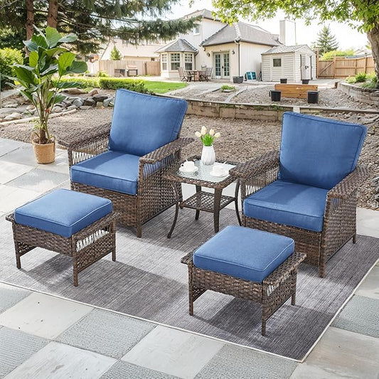 Patio Furniture Set - 2 Wicker Chairs with 2 Rattan Ottomans, 1 Wicker Side Table, Brown & Blue Cushions - 5pc Conversation Set for Garden, Balcony & Backyard
