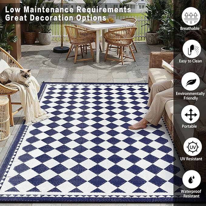 HUGEAR Outdoor Waterproof Rug 10'x14' Plastic Straw Rugs Washable Reversible Floor Mat Blue Plaid Carpet for Camping RV Deck Entryance Porch Picnic Balcony Beach Backyard