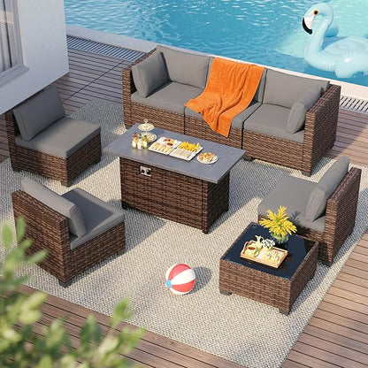 8 Pieces Outdoor Patio Furniture Set with 44.9" Fire Pit Table, All-Weather Wicker Outdoor Patio Sectional Set with Coffee Table, for Garden Backyard