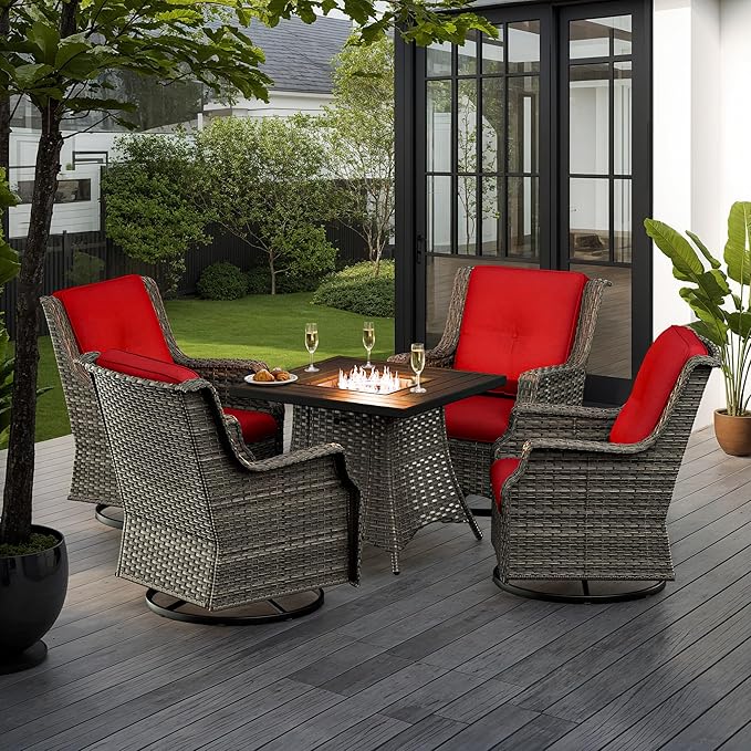 5-Piece Patio Furniture Set Includes 4 Swivel Rocker Chair and 1 Fire Pit, Wicker Conversation Set with Cushion Red