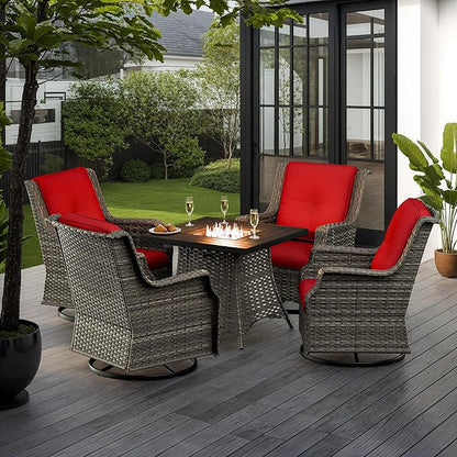 5-Piece Patio Furniture Set Includes 4 Swivel Rocker Chair and 1 Fire Pit, Wicker Conversation Set with Cushion Red