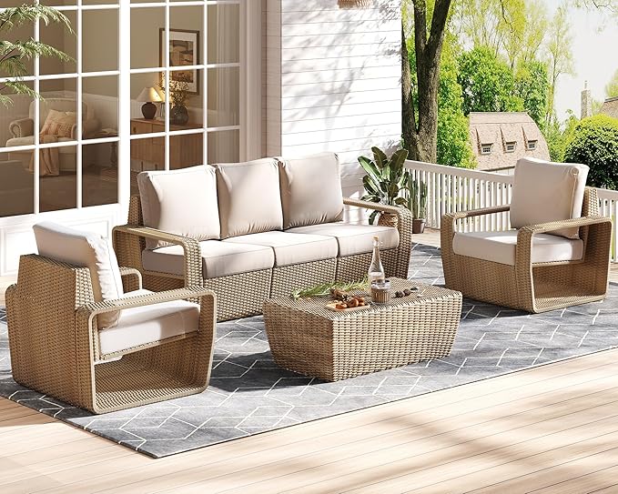 Jocisland 3-Piece Outdoor Patio Furniture Set, 82" Rattan Sofa & 2 Wicker Chairs with Under-Seat Storage, Deep Cushions & High Backrests, for Backyard Small Patios Balconies