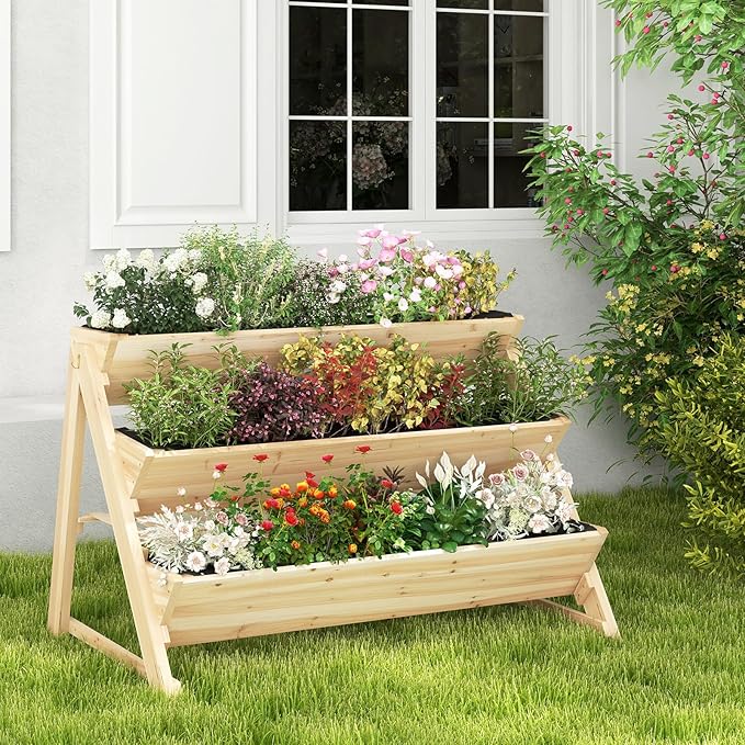 Giantex 3-Tier Raised Garden Bed, Wooden Vertical Planter Box with Storage Shelf, 2 Hanging Hooks & 3 Bed Liners, All-Weather Freestanding Planter, Elevated Raised Beds for Lawn Patio, Natural