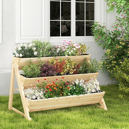 Giantex 3-Tier Raised Garden Bed, Wooden Vertical Planter Box with Storage Shelf, 2 Hanging Hooks & 3 Bed Liners, All-Weather Freestanding Planter, Elevated Raised Beds for Lawn Patio, Natural