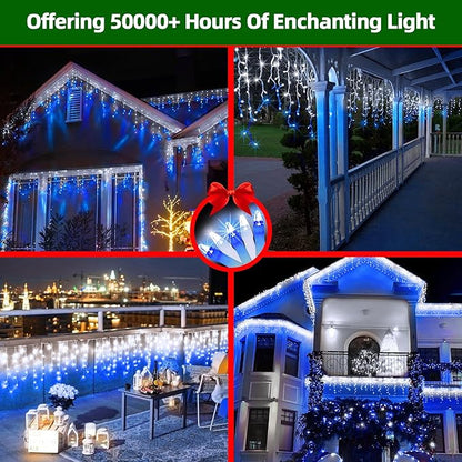612 LED Christmas Lights with 136 Drops, 60ft 12 Modes Hanging ice String Lights with Timer & Dimmable & Waterproof, Plug-in Fairy Lights for Holiday Wedding Party Christmas Decor Blue & CoolWhite