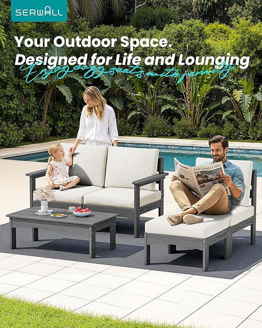 SERWALL 7-Piece Patio Sofa Set with 15FT Double Side Patio Umbrella, Outdoor Furniture Set, All-Weather HDPE Sectional Conversation Set, Large Modular Sofas for Garden, Grey Frame with Khaki Cushion