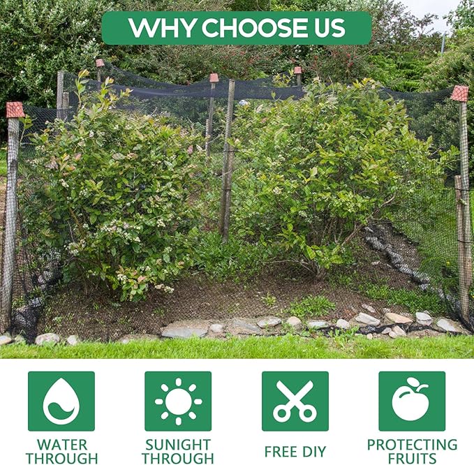 Unves 13 x 50 Ft Bird Netting for Garden, Heavy Duty Fruit Tree Garden Netting Protect Fruit Trees and Vegetable Plants Against Birds and Other Animals