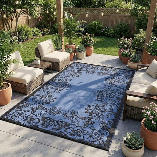 Garvee 5’x8’ Waterproof Patio Outdoor Rug, Outdoor Plastic Straw Rug for Camping, RV Mat Outside, Indoor Outdoor Carpet for Porch, Deck, Backyard, Balcony, Picnic, Dark Blue & Teal