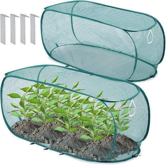 2 Pcs 39" x 18" x 16" Pop up Garden Mesh Plant Cover Outdoor Plant Protector Garden Row Raised Bed Cover with Ground Nails Crop Cage Net for Seedlings Vegetable Fruit Herbs (Dark Green)