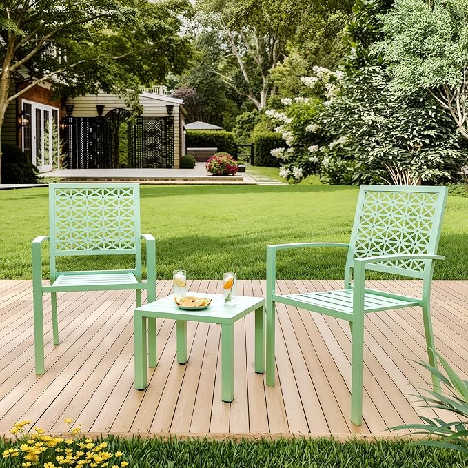 GarveeTech 3 PCS Outdoor Bistro Set, Stackable Modern Metal Steel Table and Chairs, Small Patio Furniture Conversation Set for Porch, Deck, Balcony, Garden, Geometric Decor - Mint Green