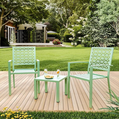 GarveeTech 3 PCS Outdoor Bistro Set, Stackable Modern Metal Steel Table and Chairs, Small Patio Furniture Conversation Set for Porch, Deck, Balcony, Garden, Geometric Decor - Mint Green